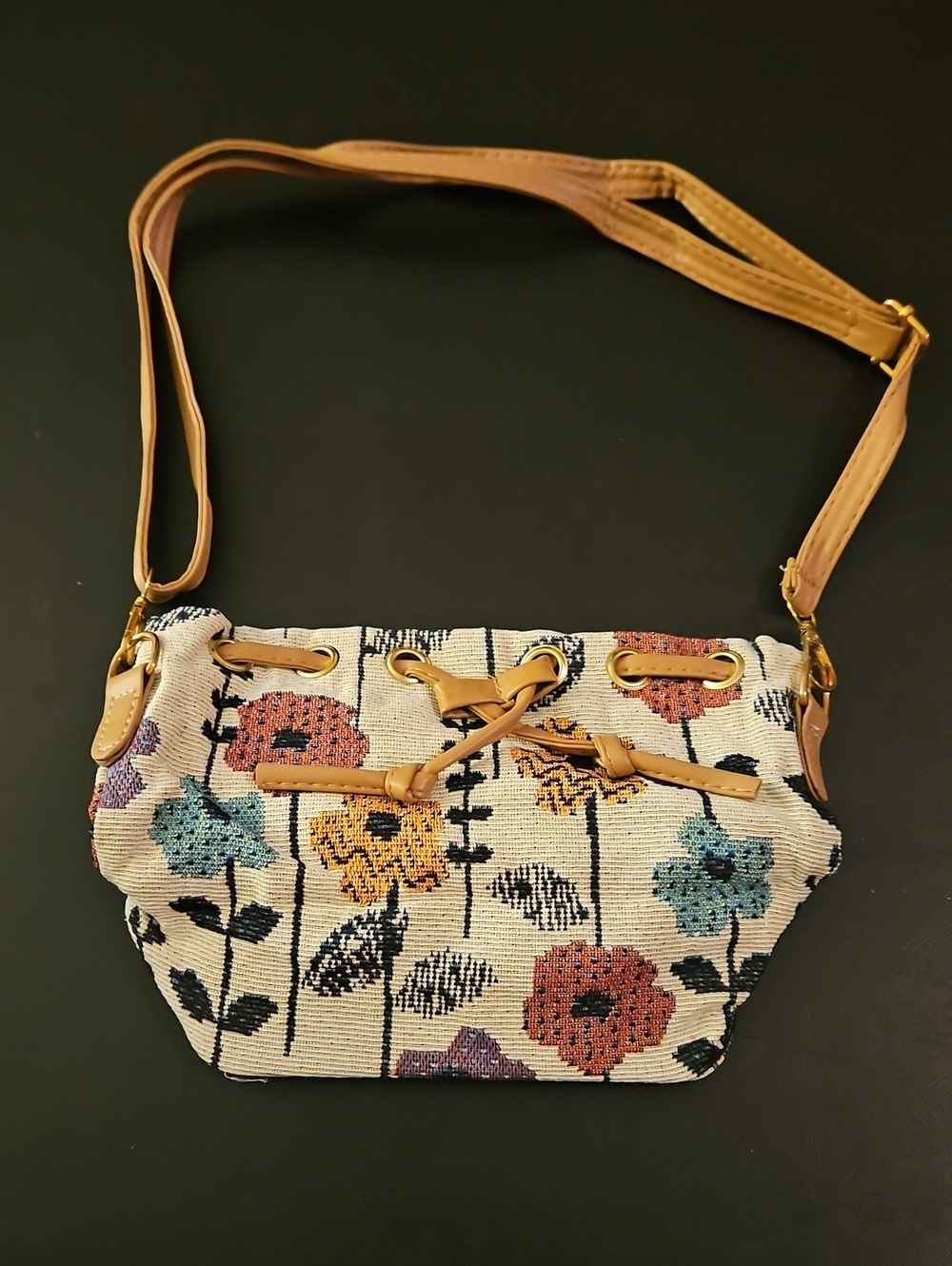 Floral Tapestry Crossbody Bag with Tan Trim